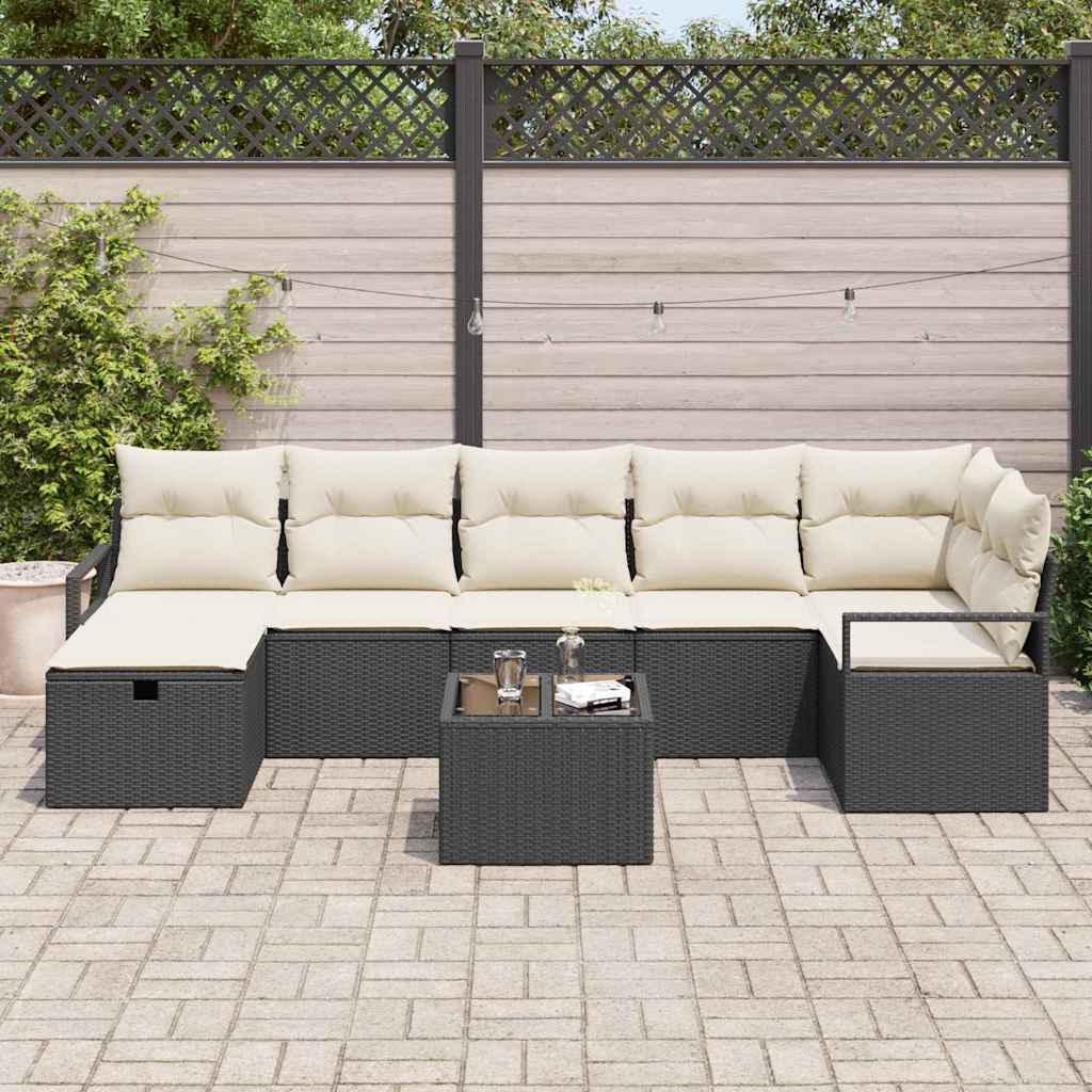 Conjunto de Sofá de Jardim com almofada 8 pcs Preto e creme