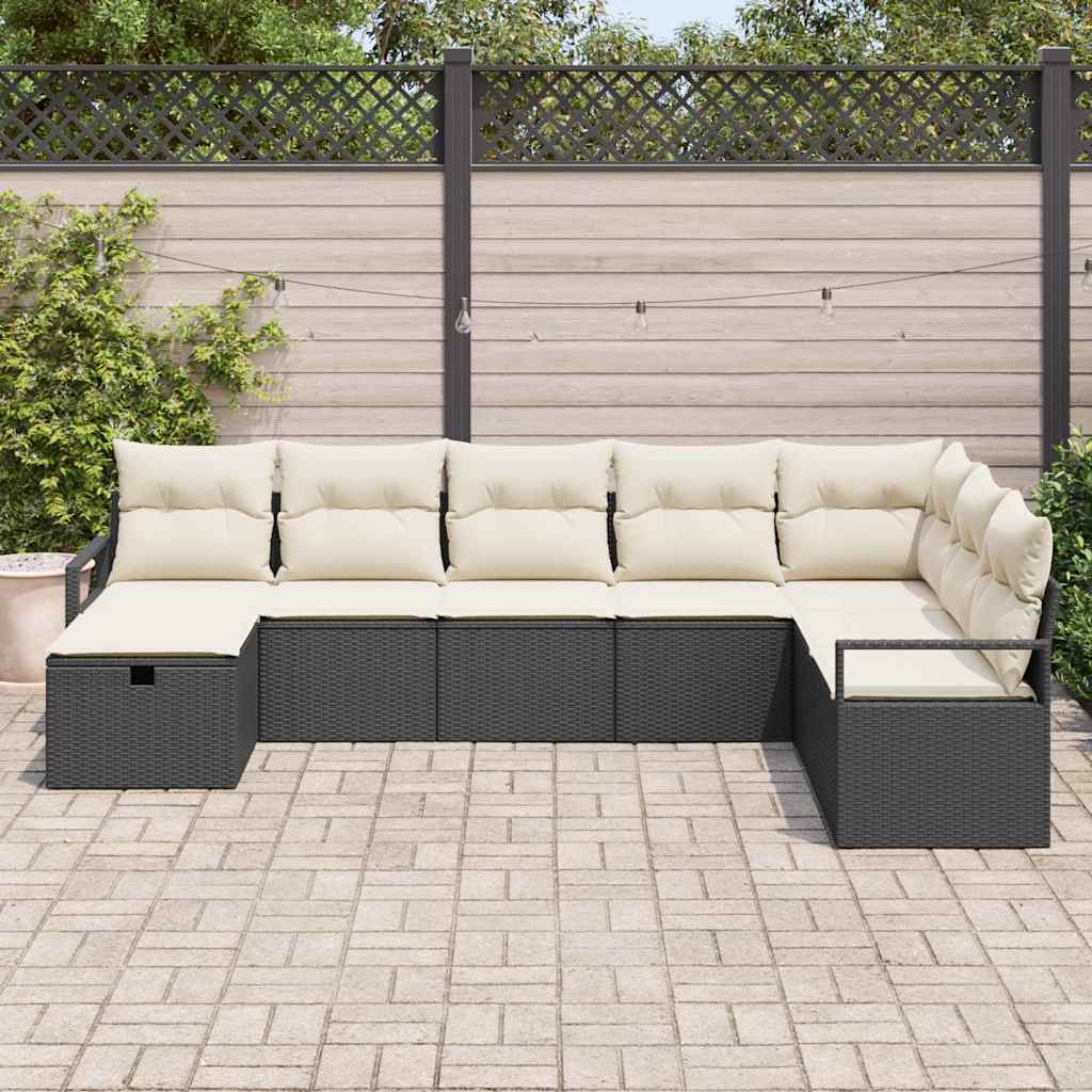 Conjunto de Sofá de Jardim com almofada 8 pcs Preto e creme
