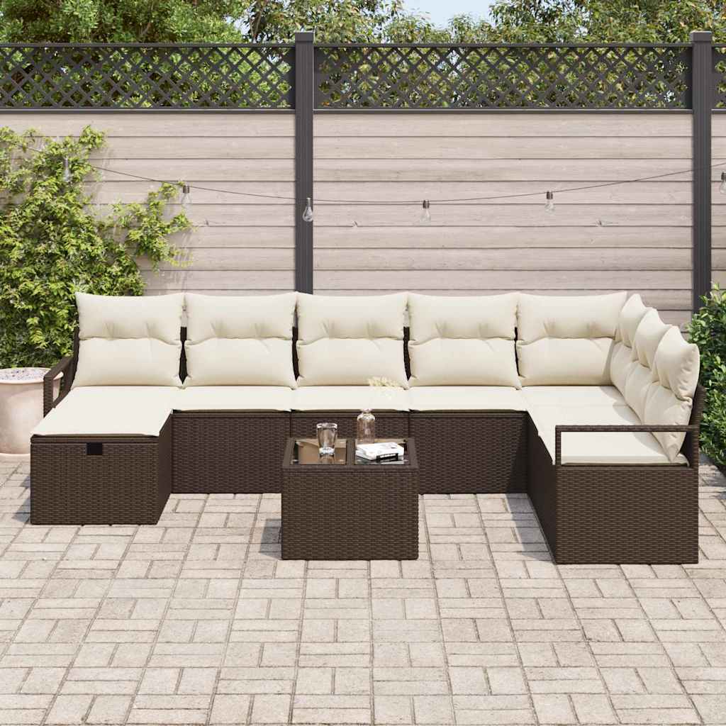 Conjunto de Sofá de Jardim com almofada 9 pcs Castanho e creme