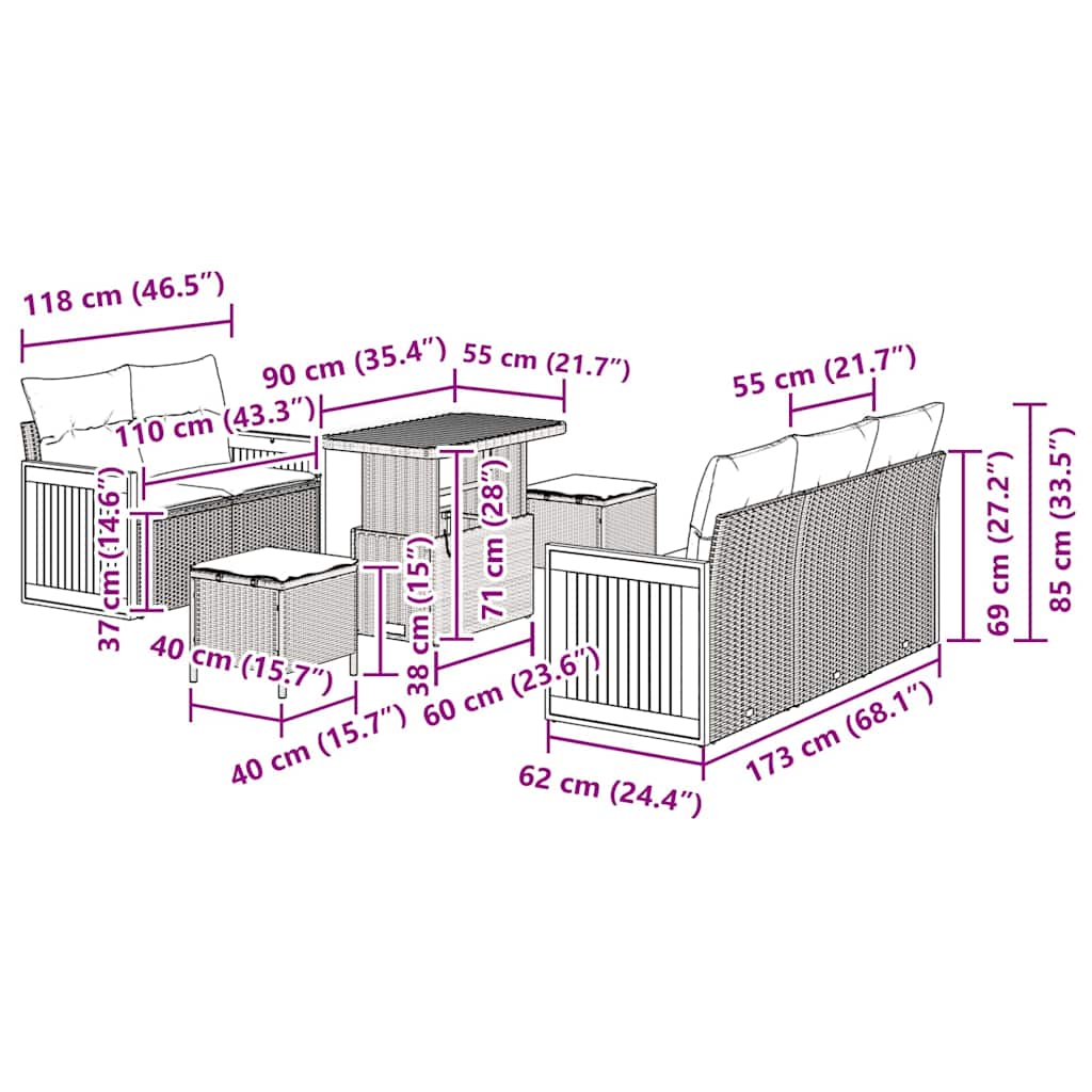 Conjunto de Sofá de Jardim Manual 8 pcs Cinzeto 90 x 55 x 71 cm