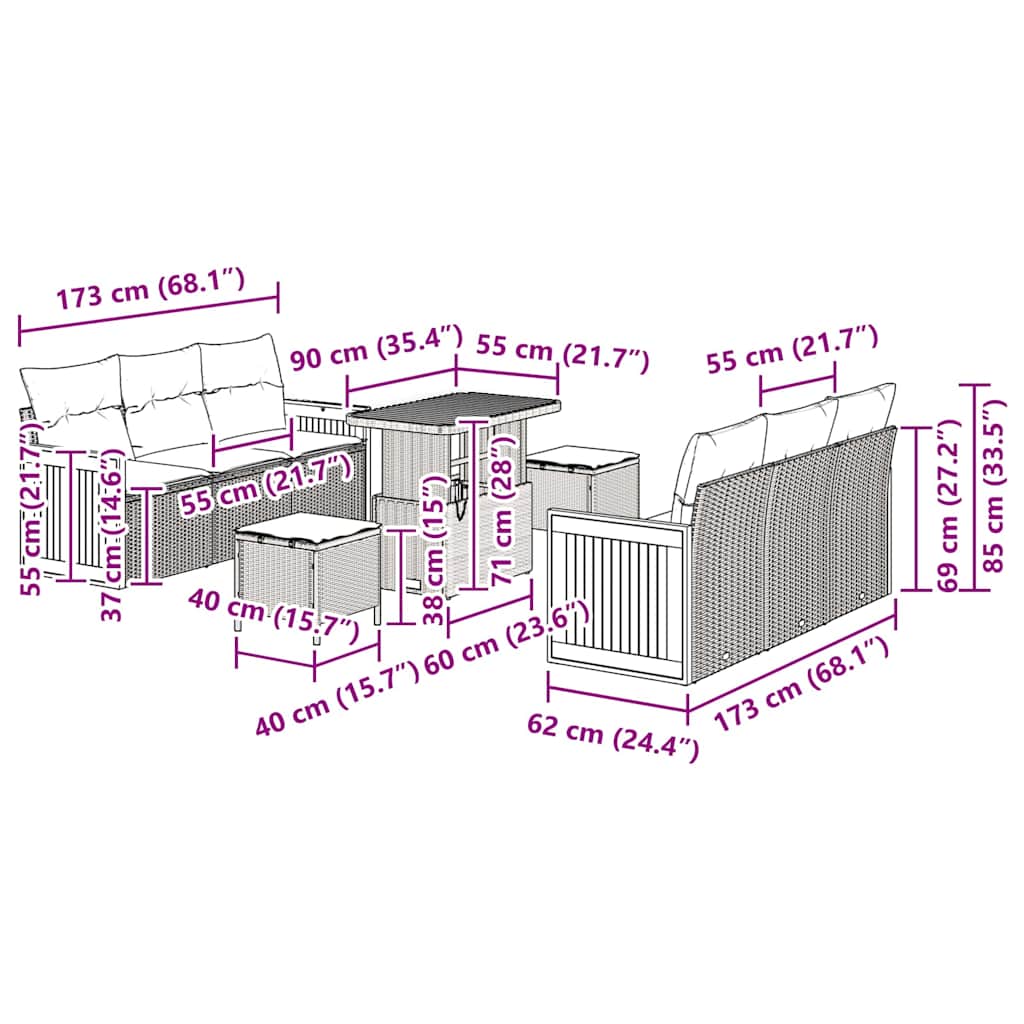 Conjunto de Sofá de Jardim 9 pcs bege e creme 90 x 55 x 71 cm