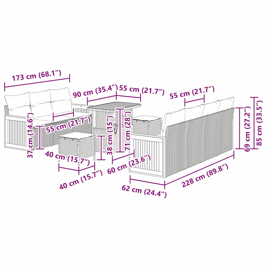 Conjunto de Sofá de Jardim 10 pcs Cinzeto 90 x 55 x 71 cm