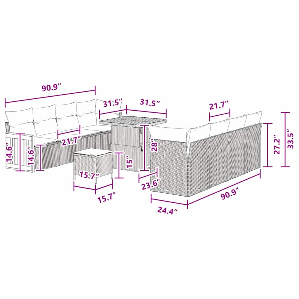 Conjunto de Sofá de Jardim Manual 11 pcs Preto 80 x 80 x 71 cm