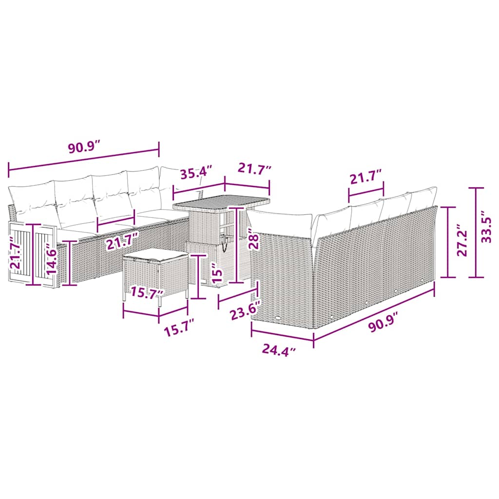 Conjunto de Sofá de Jardim Manual 11 pcs Preto 90 x 55 x 71 cm
