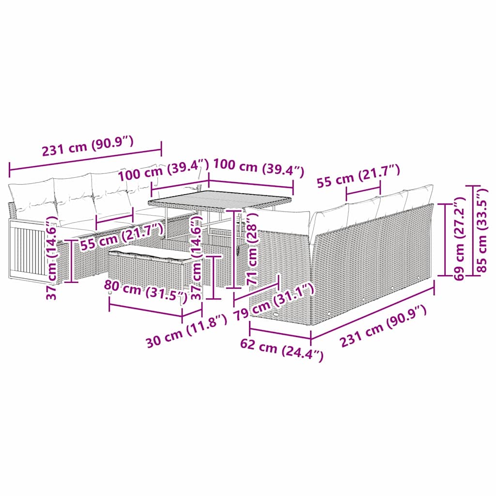 Conjunto de Sofá de Jardim com almofada 11 pcs bege e creme