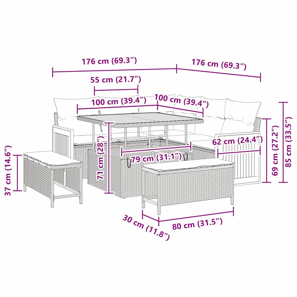 Conjunto de Sofá de Jardim Manual 8 pcs bege e cinzento claro