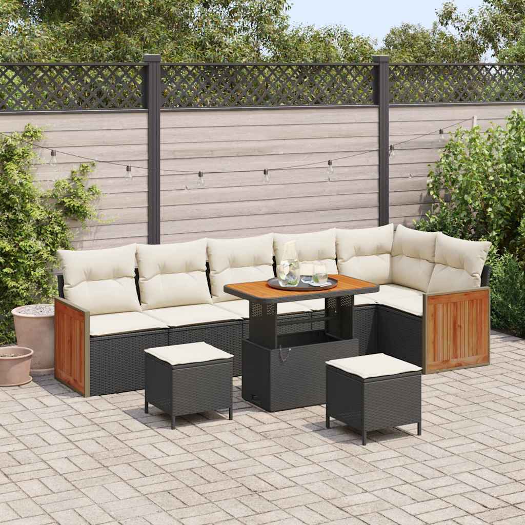 Conjunto de Sofá de Jardim com almofada 9 pcs Preto e creme