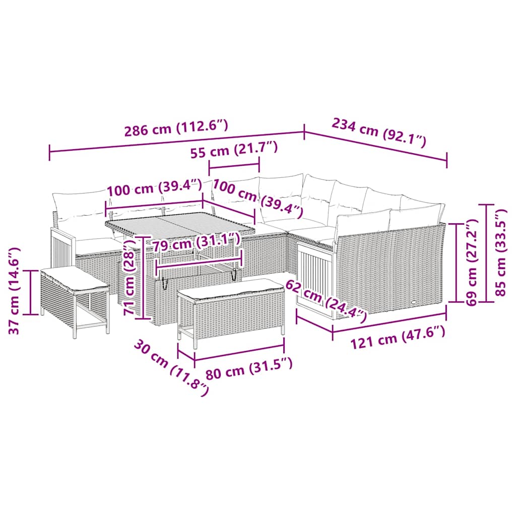 Conjunto de Sofá de Jardim com almofada 12 pcs bege e creme