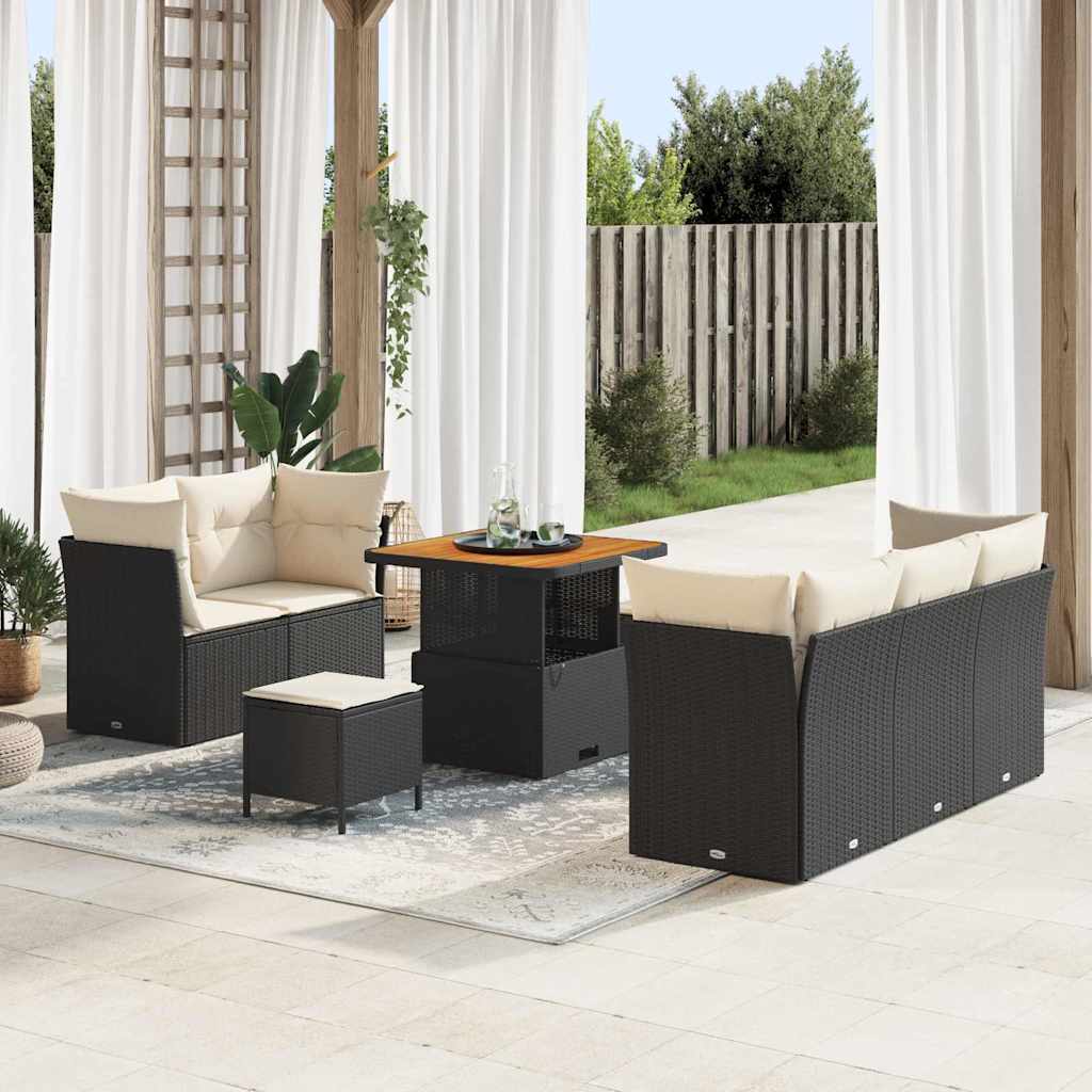 Conjunto de Sofá de Jardim com almofada 8 pcs Preto e creme