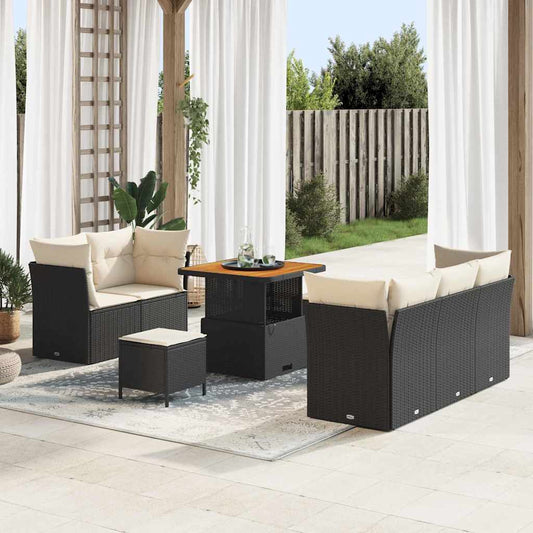 Conjunto de Sofá de Jardim com almofada 8 pcs Preto e creme
