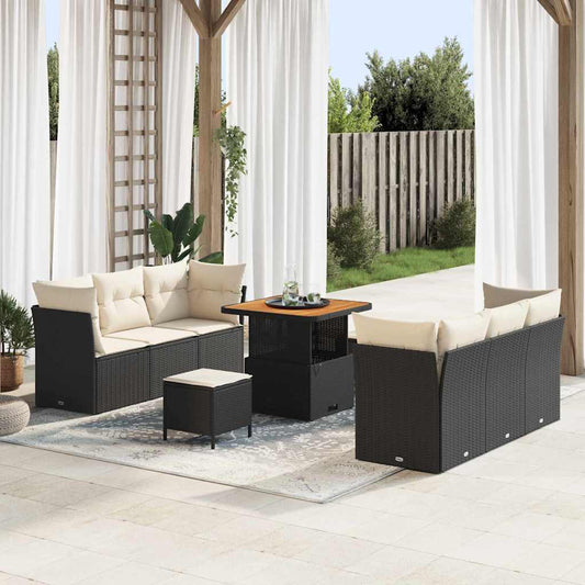 Conjunto de Sofá de Jardim com almofada 9 pcs Preto e creme