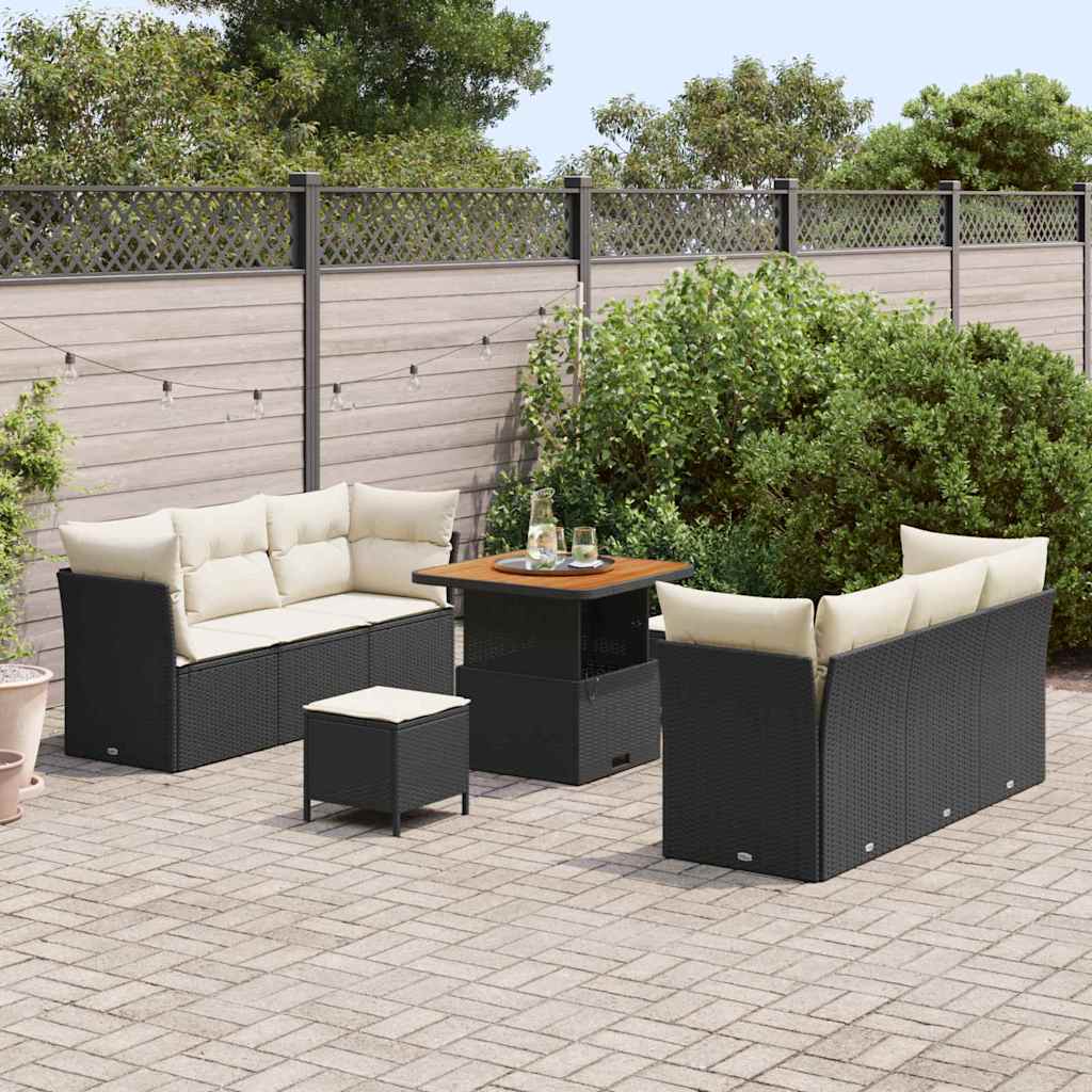 Conjunto de Sofá de Jardim com almofada 9 pcs Preto e creme