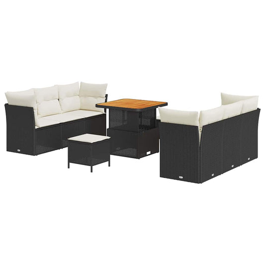Conjunto de Sofá de Jardim com almofada 9 pcs Preto e creme