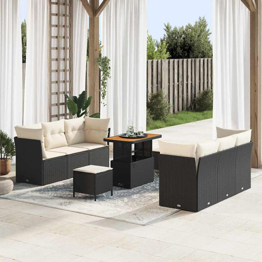 Conjunto de Sofá de Jardim com almofada 9 pcs Preto e creme