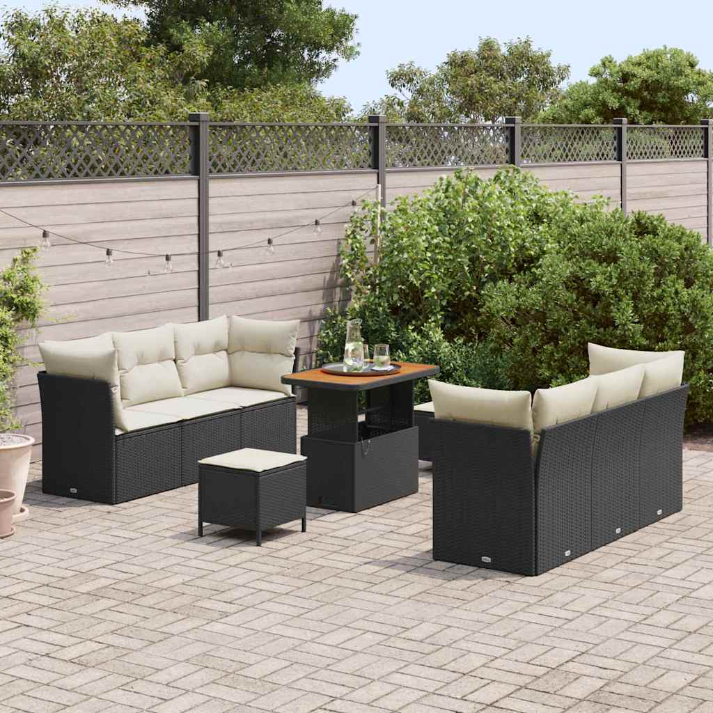 Conjunto de Sofá de Jardim com almofada 9 pcs Preto e creme