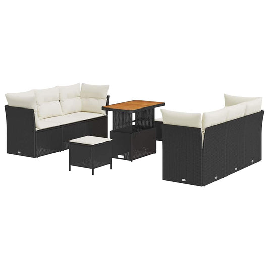 Conjunto de Sofá de Jardim com almofada 9 pcs Preto e creme