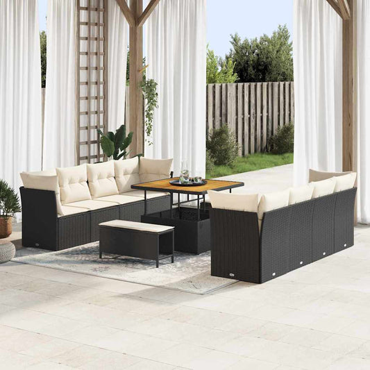 Conjunto de Sofá de Jardim com almofada 11 pcs Preto e creme