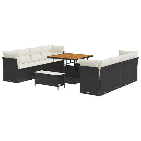Conjunto de Sofá de Jardim com almofada 11 pcs Preto e creme