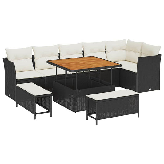 Conjunto de Sofá de Jardim com almofada 9 pcs Preto e creme