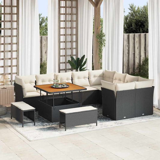Conjunto de Sofá de Jardim com almofada 12 pcs Preto e creme
