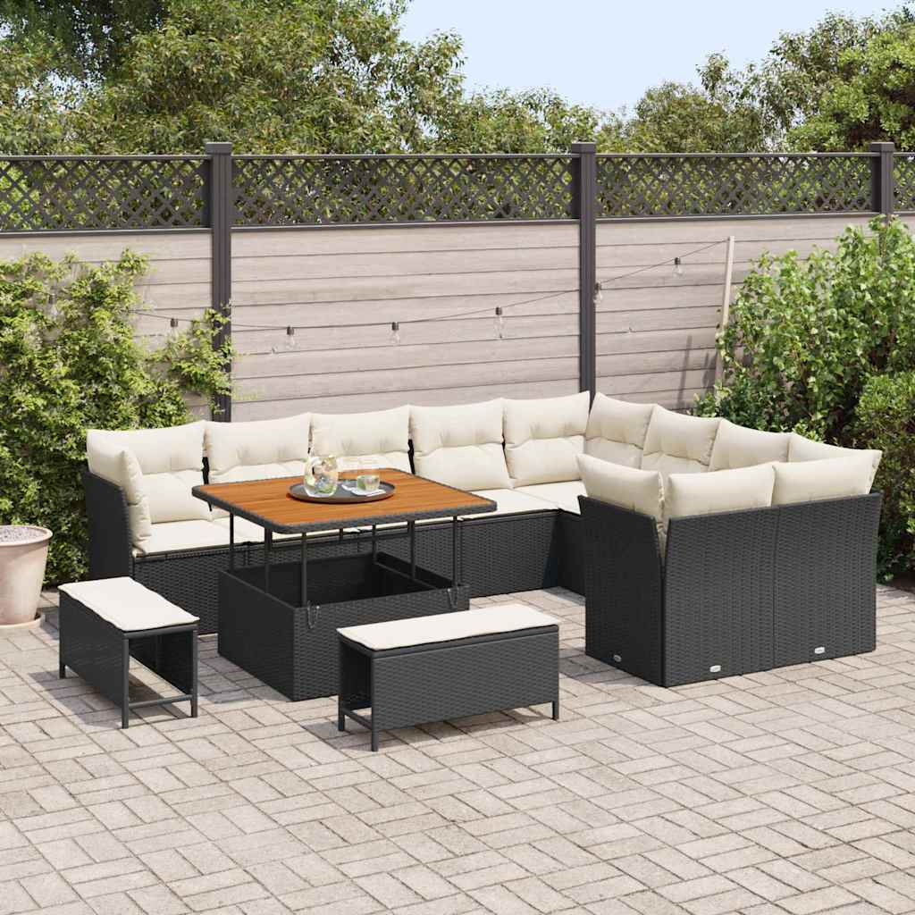 Conjunto de Sofá de Jardim com almofada 12 pcs Preto e creme