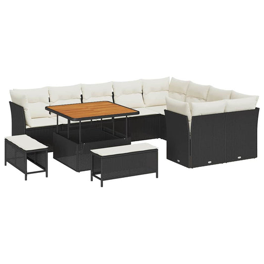 Conjunto de Sofá de Jardim com almofada 12 pcs Preto e creme