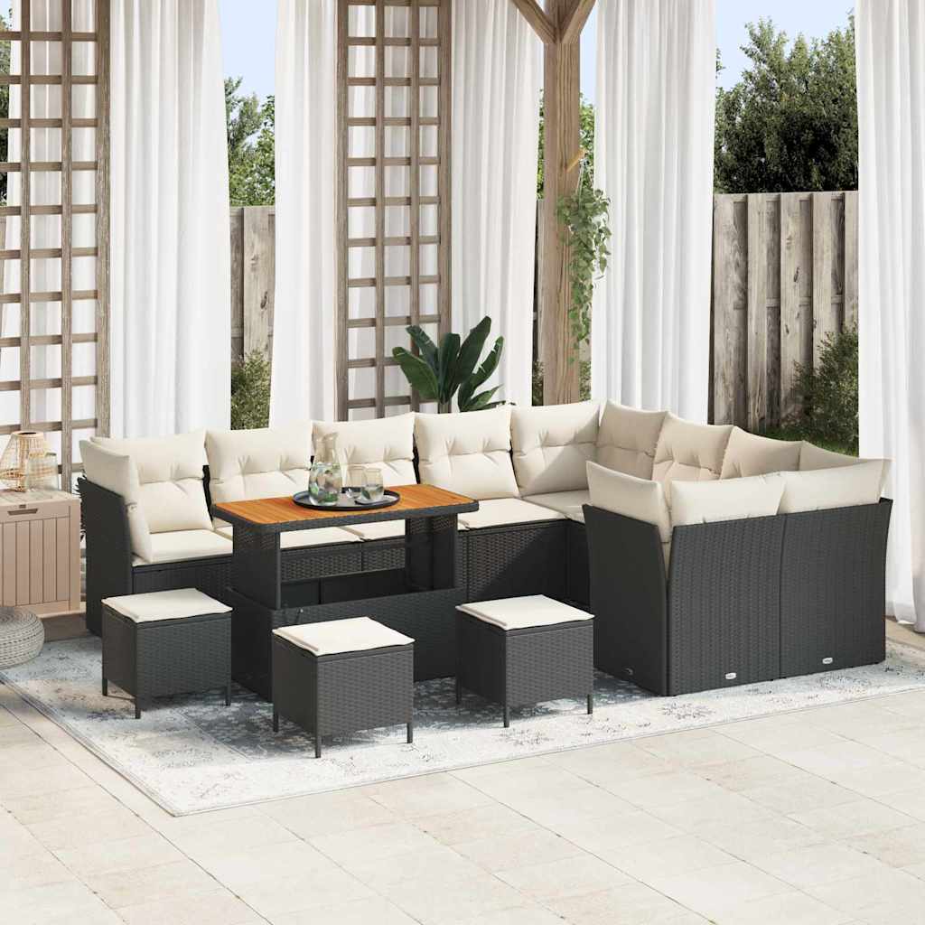 Conjunto de Sofá de Jardim com almofada 13 pcs Preto e creme