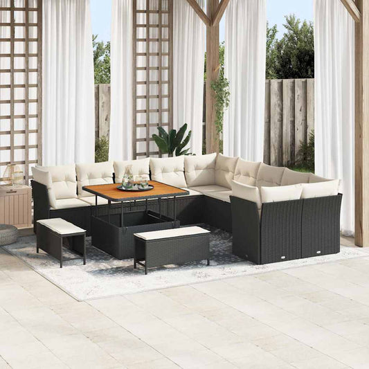 Conjunto de Sofá de Jardim com almofada 13 pcs Preto e creme