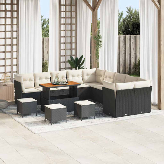 Conjunto de Sofá de Jardim com almofada 14 pcs Preto e creme
