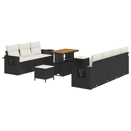 Conjunto de Sofá de Jardim com almofada 10 pcs Preto e creme