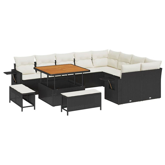 Conjunto de Sofá de Jardim com almofada 12 pcs Preto e creme