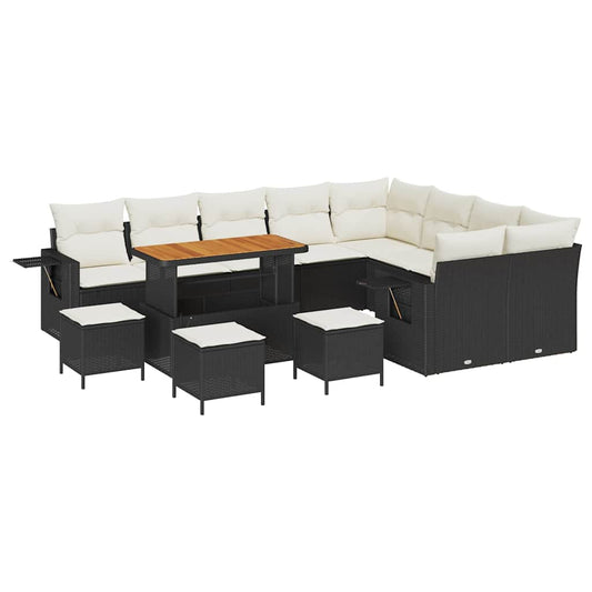Conjunto de Sofá de Jardim com almofada 13 pcs Preto e creme