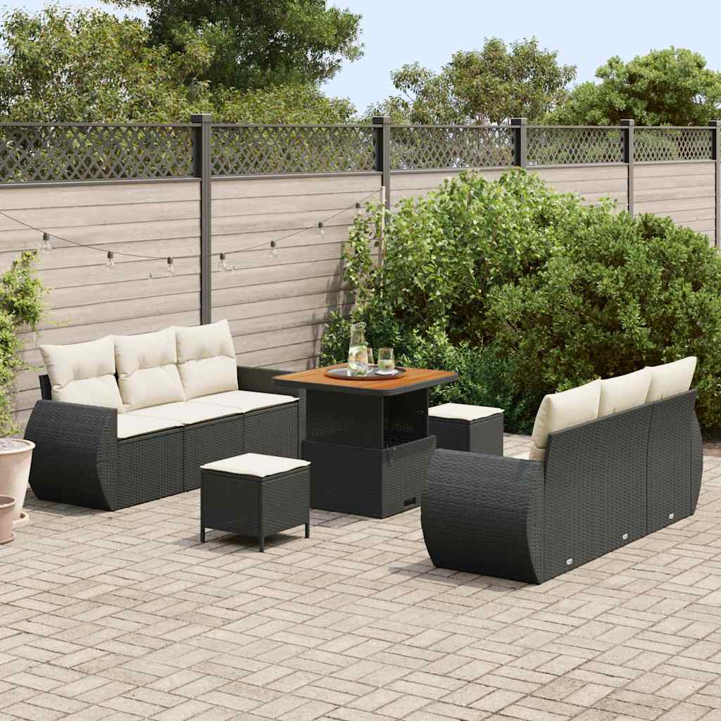 Conjunto de Sofá de Jardim com almofada 9 pcs Preto e creme