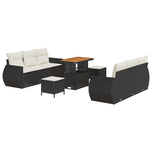 Conjunto de Sofá de Jardim com almofada 9 pcs Preto e creme