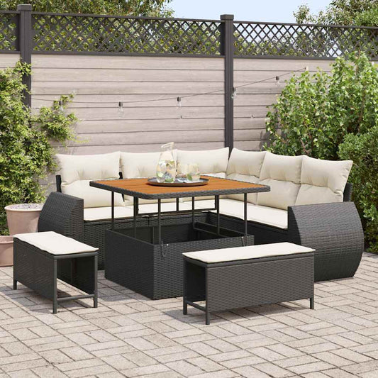 Conjunto de Sofá de Jardim com almofada 8 pcs Preto e creme