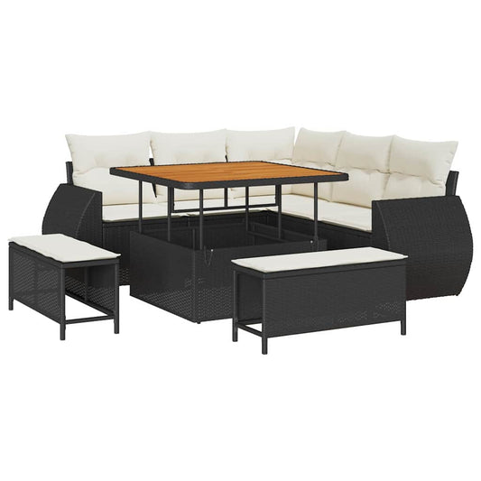 Conjunto de Sofá de Jardim com almofada 8 pcs Preto e creme