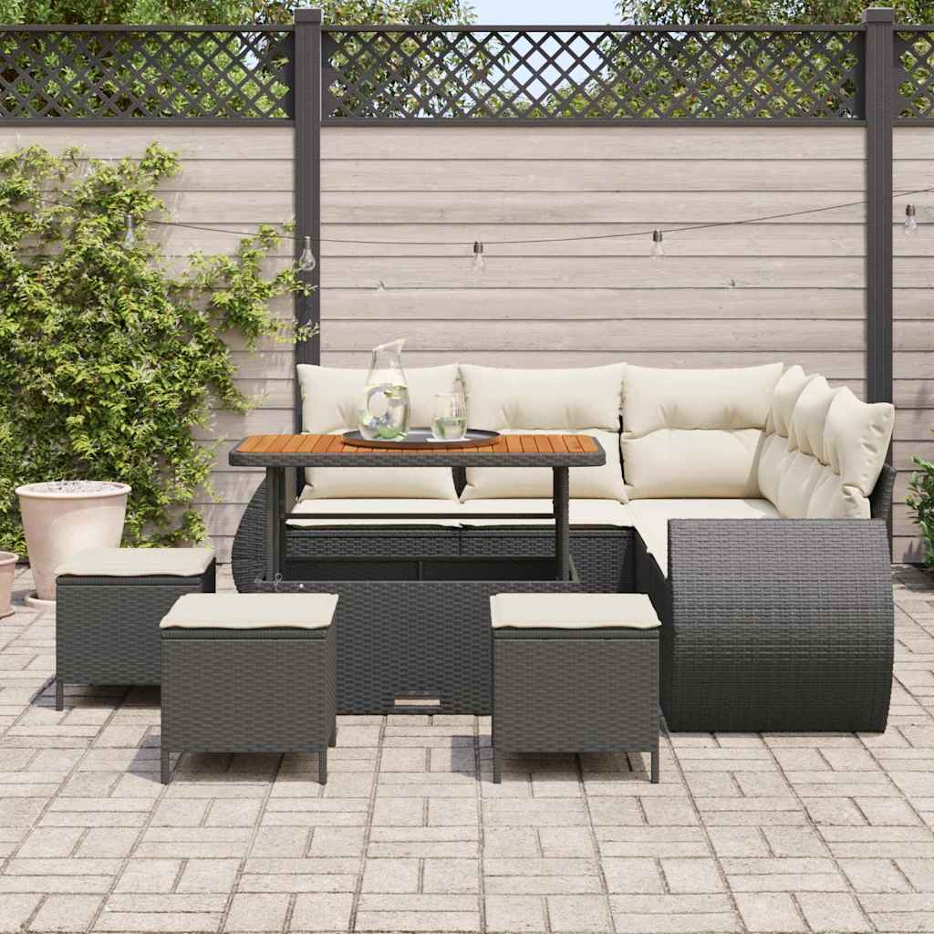 Conjunto de Sofá de Jardim com almofada 9 pcs Preto e creme