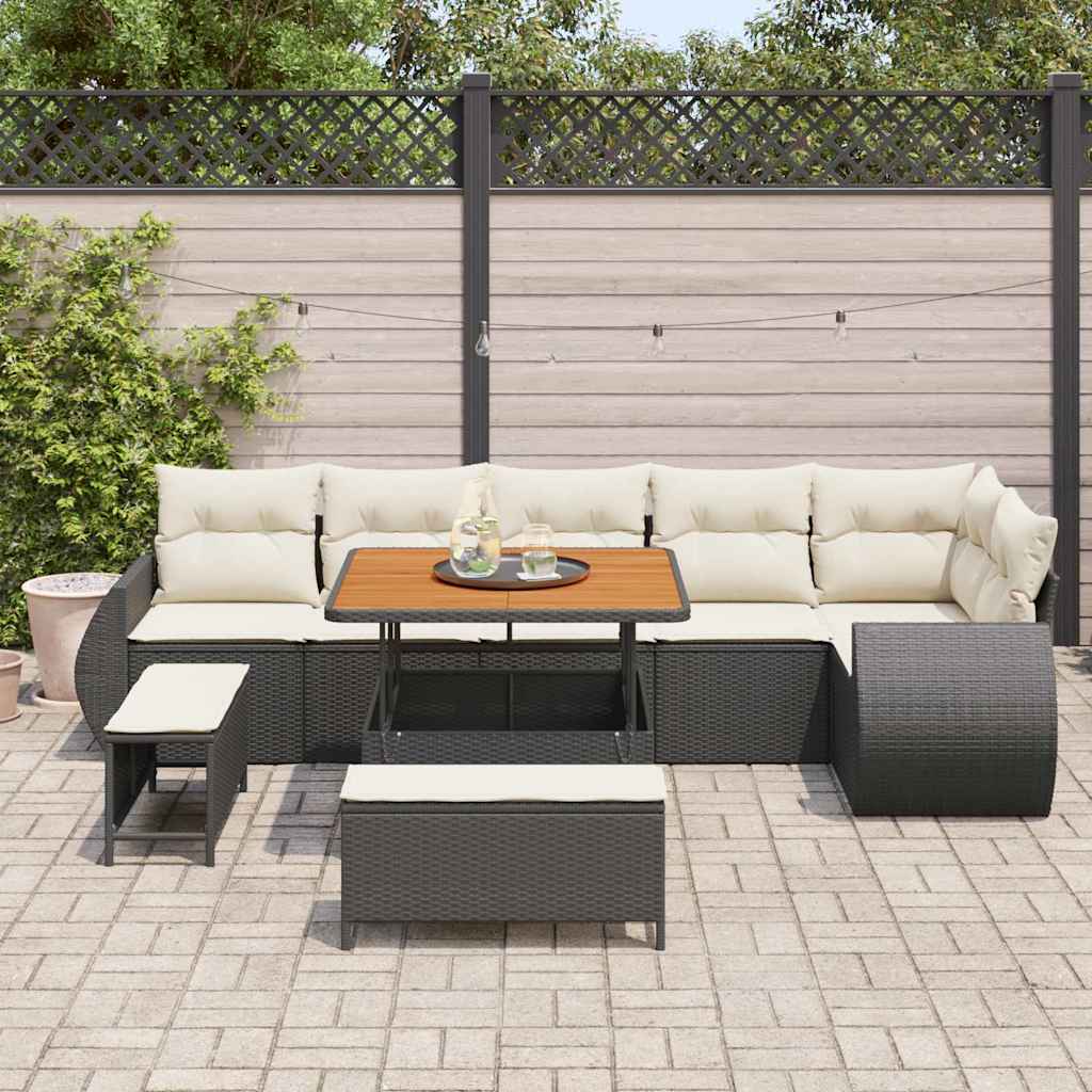 Conjunto de Sofá de Jardim com almofada 9 pcs Preto e creme
