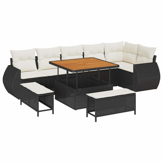 Conjunto de Sofá de Jardim com almofada 9 pcs Preto e creme