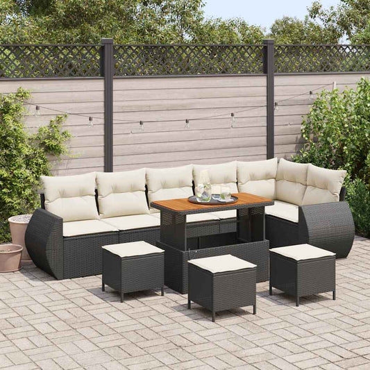 Conjunto de Sofá de Jardim com almofada 10 pcs Preto e creme