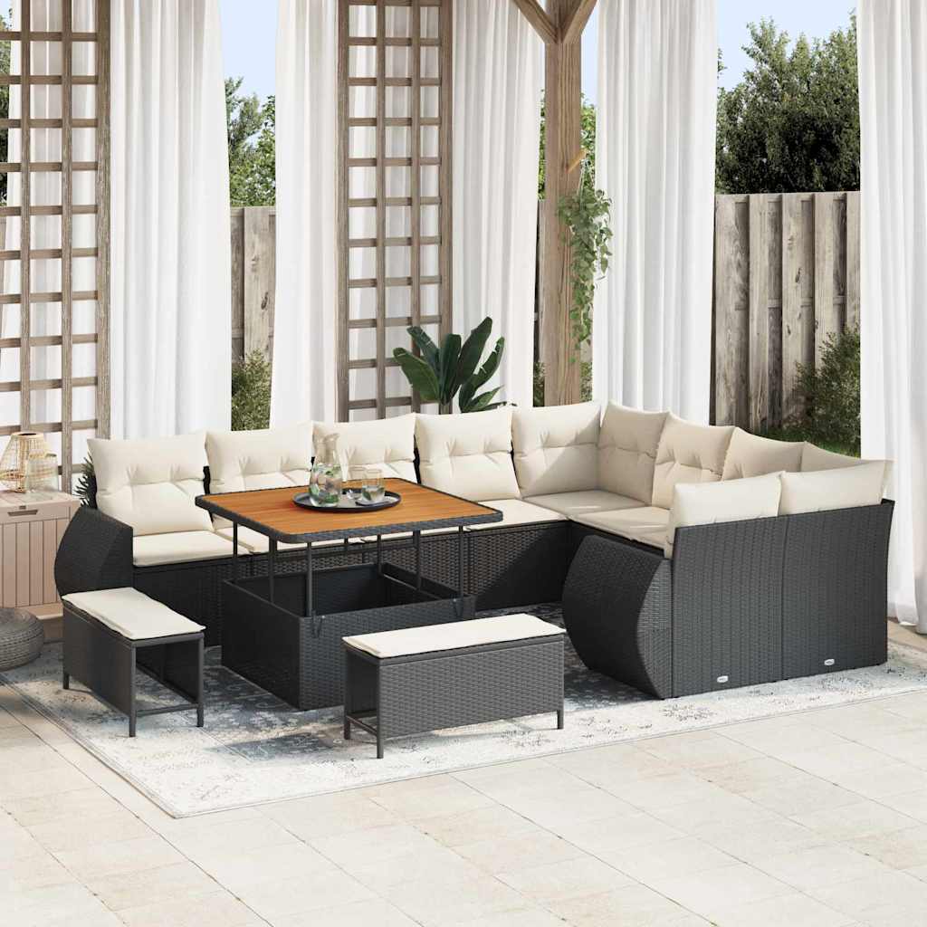 Conjunto de Sofá de Jardim com almofada 12 pcs Preto e creme