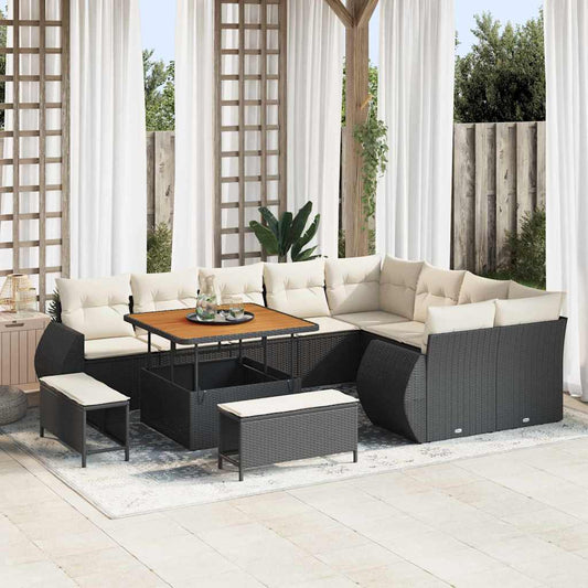 Conjunto de Sofá de Jardim com almofada 12 pcs Preto e creme