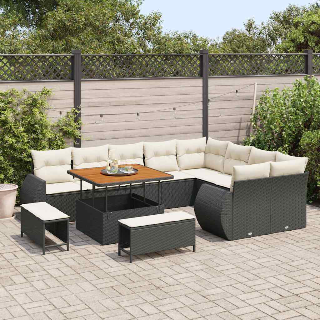 Conjunto de Sofá de Jardim com almofada 12 pcs Preto e creme