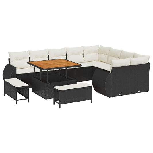 Conjunto de Sofá de Jardim com almofada 12 pcs Preto e creme