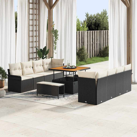 Conjunto de Sofá de Jardim com almofada 11 pcs Preto e Creme
