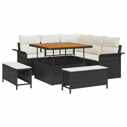 Conjunto de Sofá de Jardim com almofada 8 pcs Preto e Creme