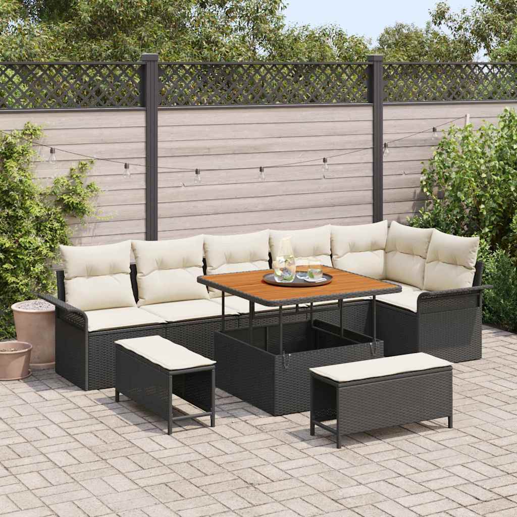 Conjunto de Sofá de Jardim com almofada 9 pcs Preto e Creme