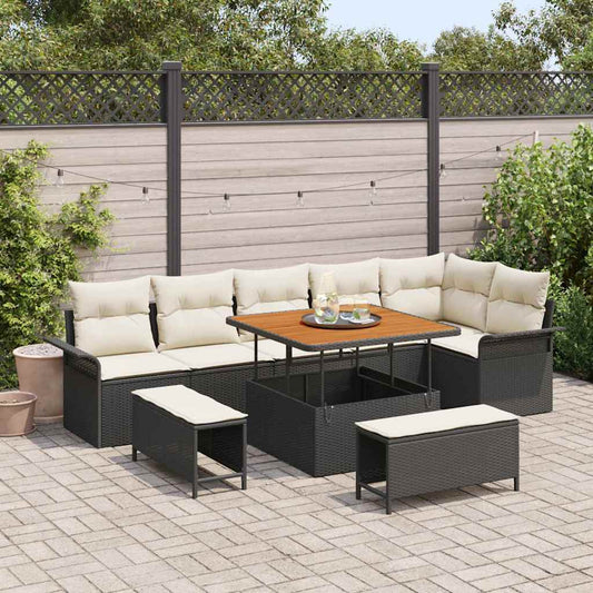 Conjunto de Sofá de Jardim com almofada 9 pcs Preto e Creme