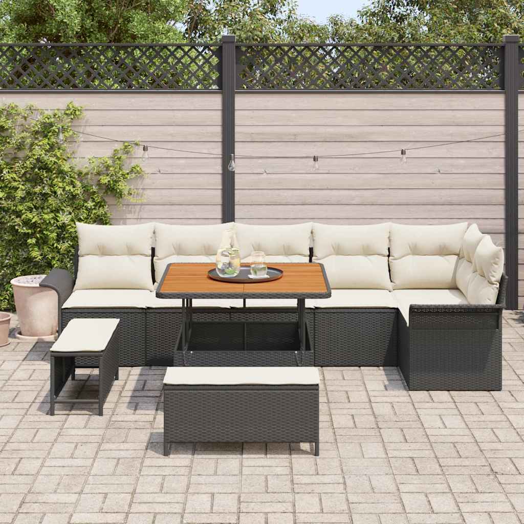 Conjunto de Sofá de Jardim com almofada 9 pcs Preto e Creme