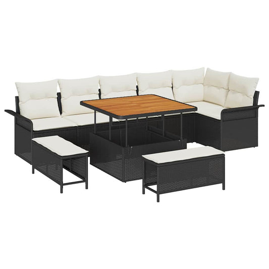 Conjunto de Sofá de Jardim com almofada 9 pcs Preto e Creme